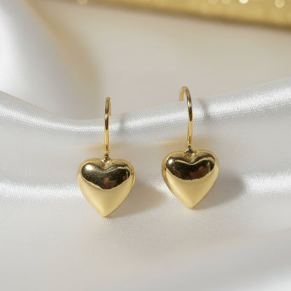 Gold Puffy Heart Drop Earrings