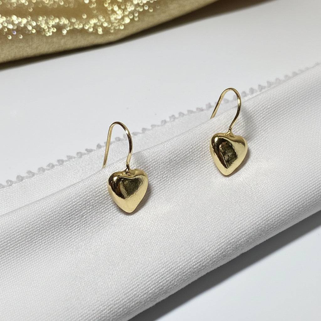 Gold Puffy Heart Drop Earrings
