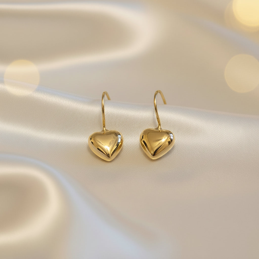 Gold Puffy Heart Drop Earrings