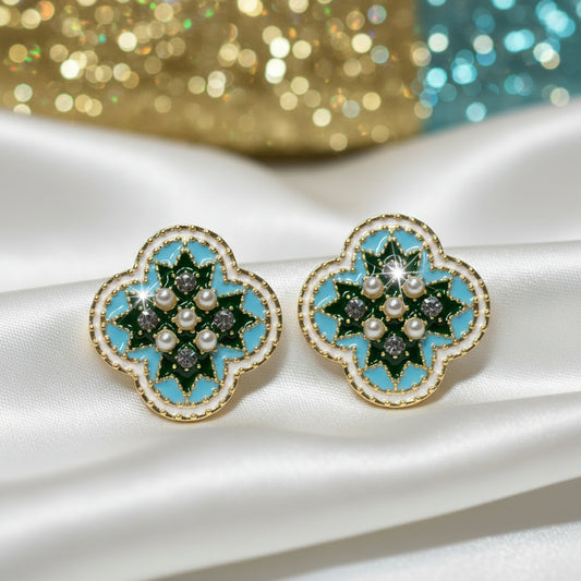 Mosaic Pearl Flower Earrings with green and blue floral design on a white background