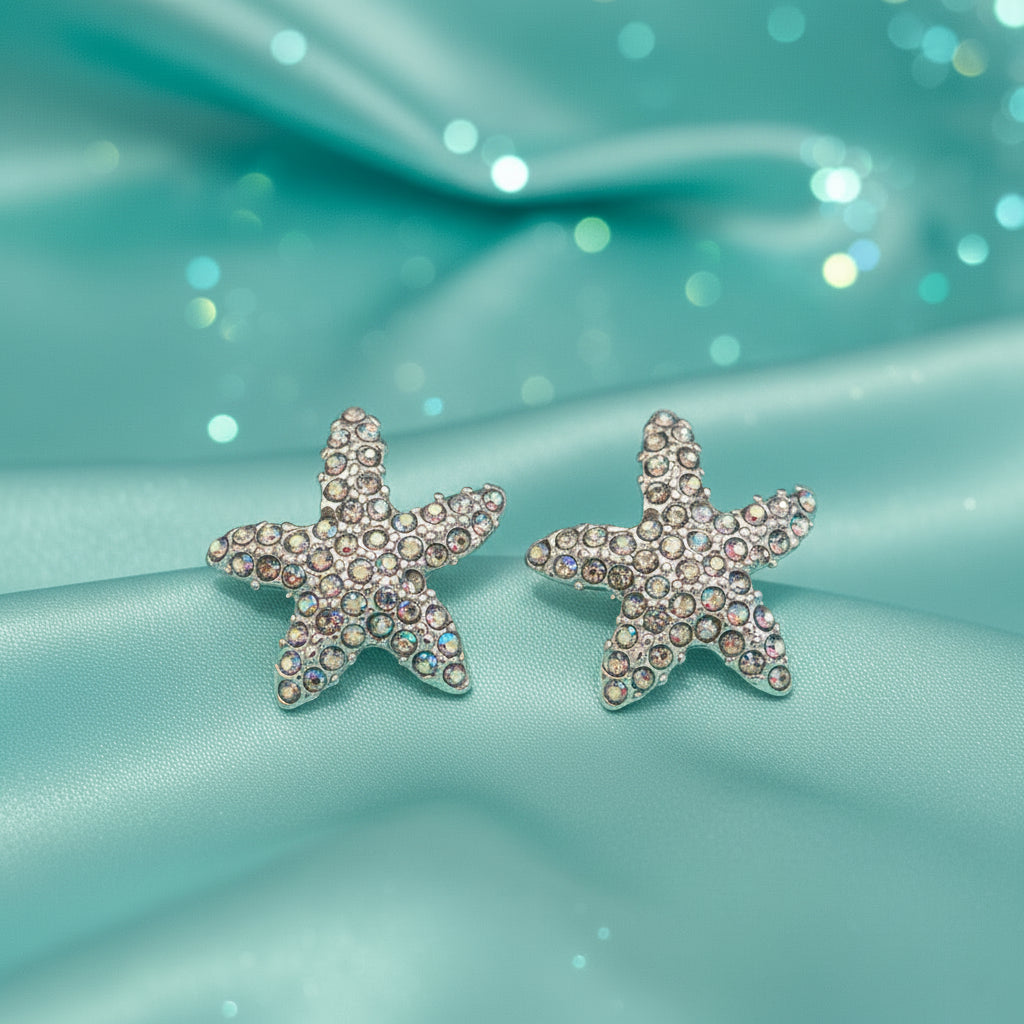 Iridescent Starfish Sparkle Earrings with rhinestones on aqua fabric