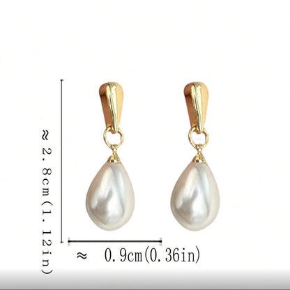 Gold Pearl Teardrop Earrings shown with measurements on a white background.