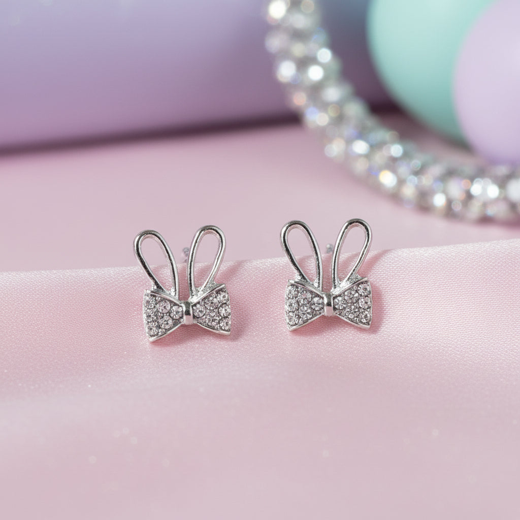 Silver Sparkle Bunny Bow Earrings