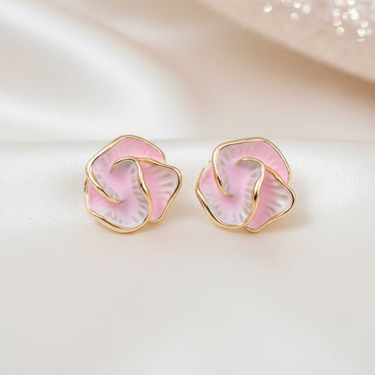 Golden Edge Pink Pearl Flower Earrings on white