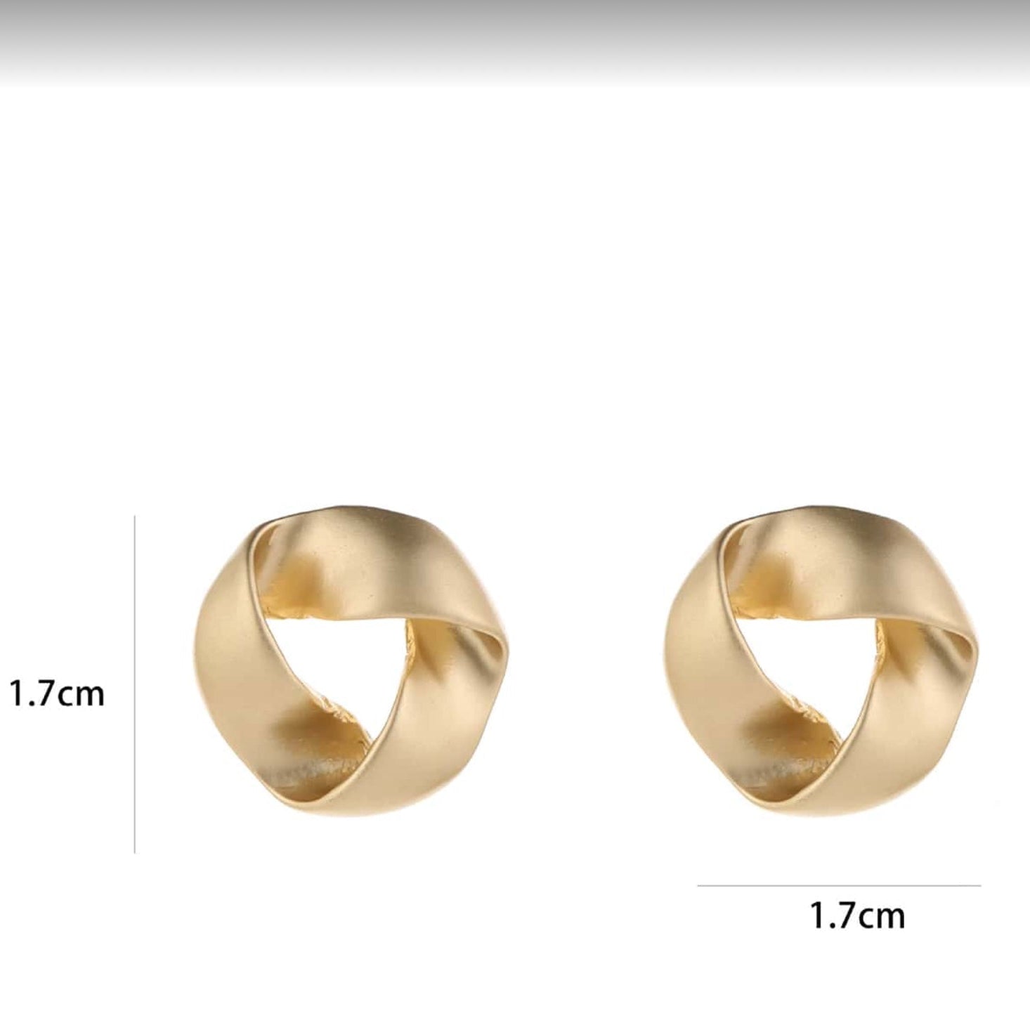 satin gold knot earrings with measurements on a white background