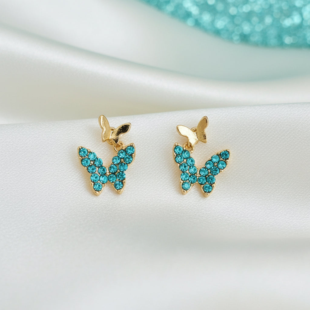 Petite Turquoise Double Butterfly Gold Zircon Earrings with turquoise stones 