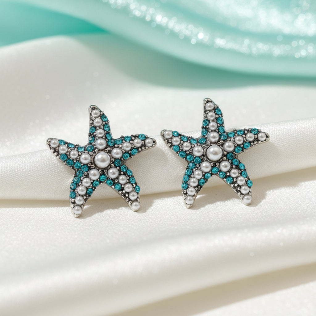 Ocean Pearl Pavé Starfish Earrings with aqua and pearl details on a white background