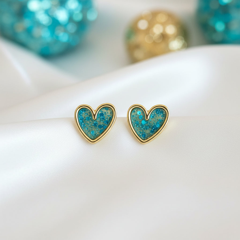 Turquoise Glitter Heart Earrings 