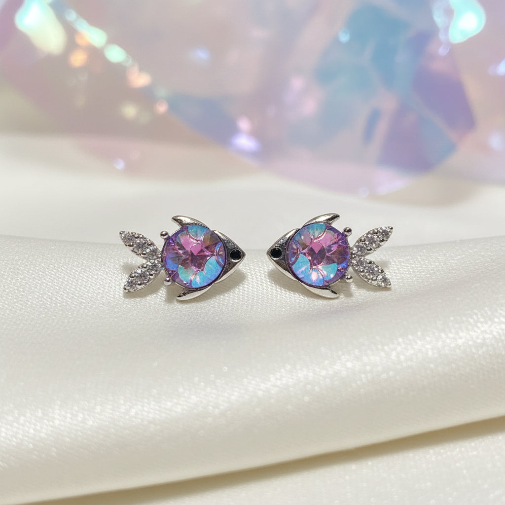 Mini Silver Opalescent Fish Earrings