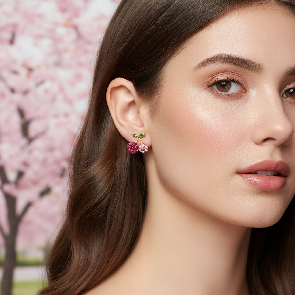 Woman wearing Pink Zircon Cherry Earrings