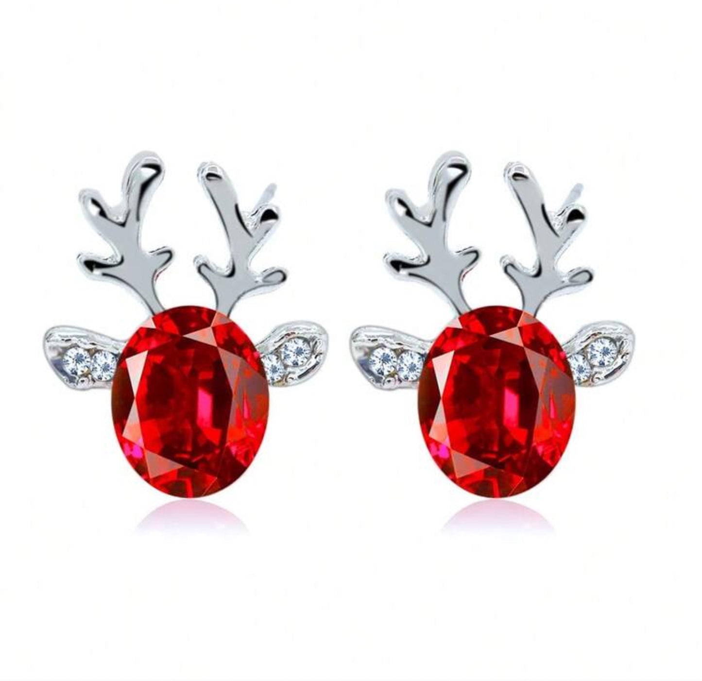 Ruby Reindeer Earrings with red gemstones on a white background