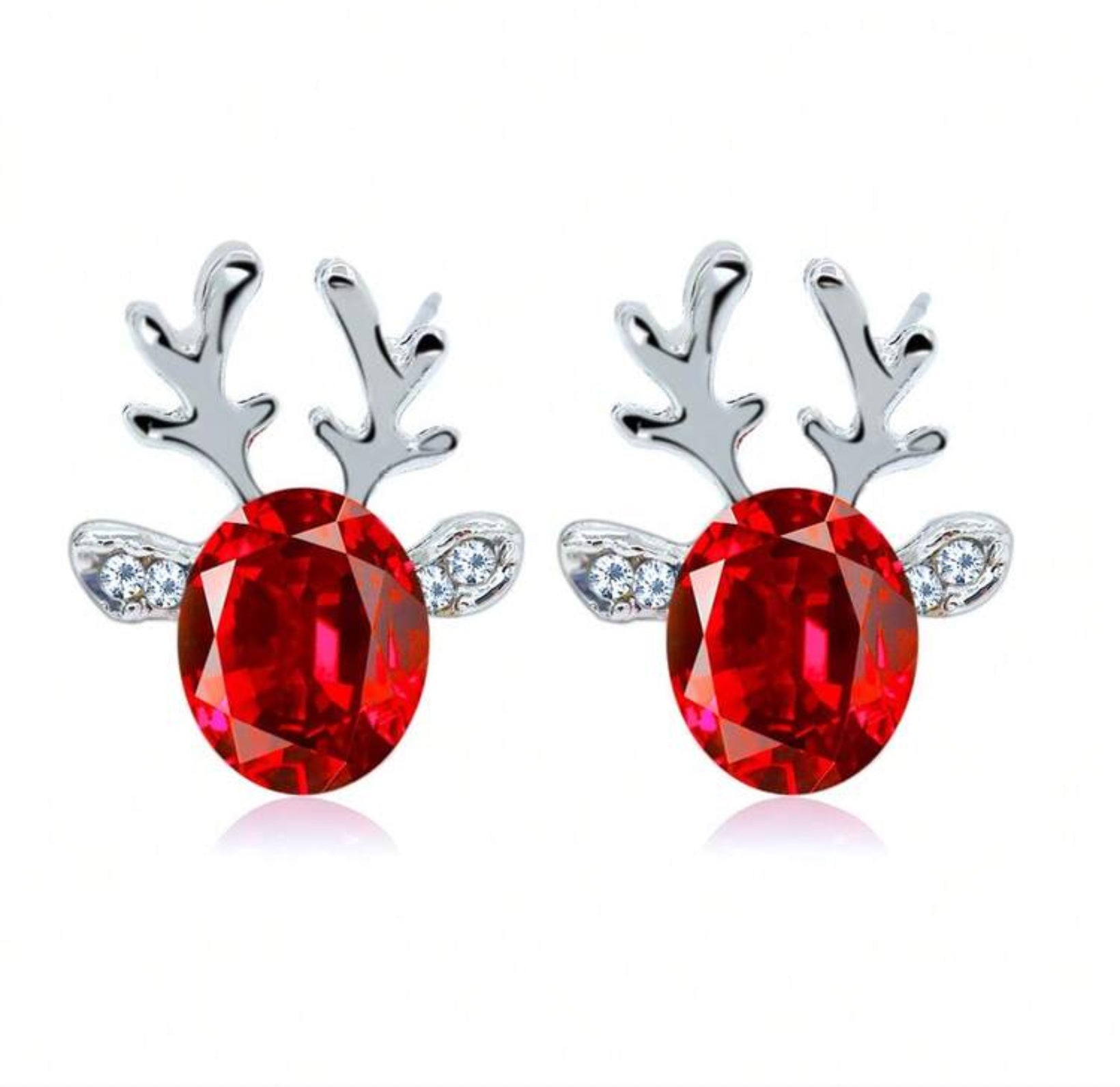 Ruby Reindeer Earrings with red gemstones on a white background