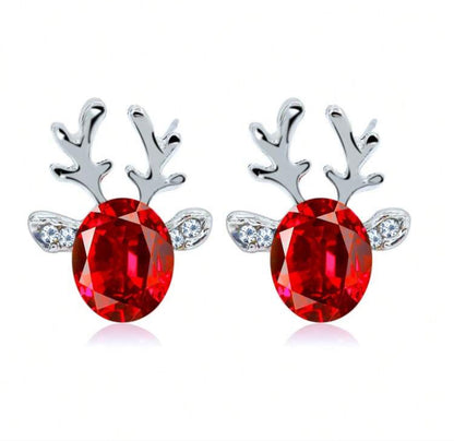 Ruby Reindeer Earrings with red gemstones on a white background