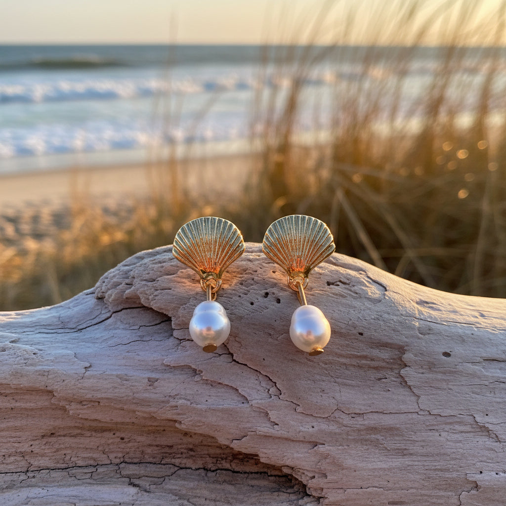Gold Seashell Pearl Drop Earrings
