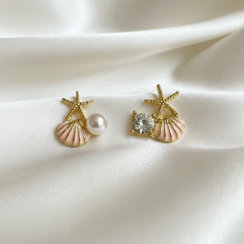 Pink Shell Pearl & Crystal Starfish Earrings