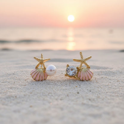 Pink Shell Pearl & Crystal Starfish Earrings
