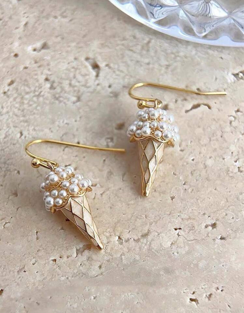 Ice Cream Cone and Gold Beaded Hoop Earrings Bundle