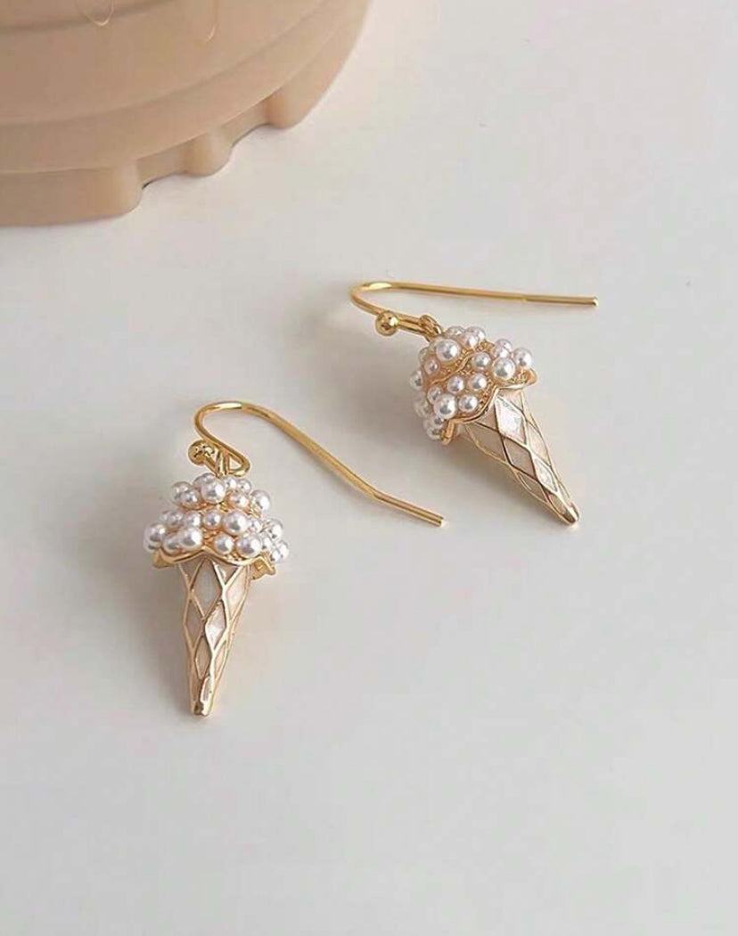 Ice Cream Cone and Gold Beaded Hoop Earrings Bundle