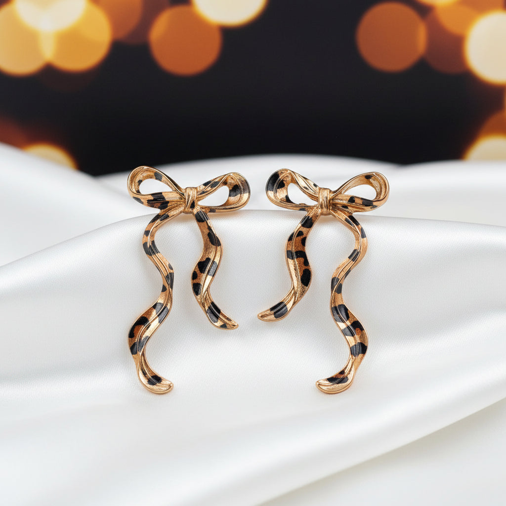 Leopard Print Ribbon Bow Earrings