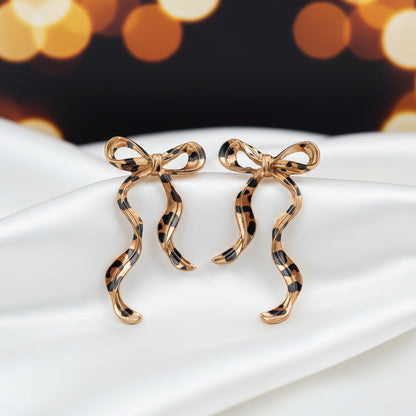Leopard Print Ribbon Bow Earrings