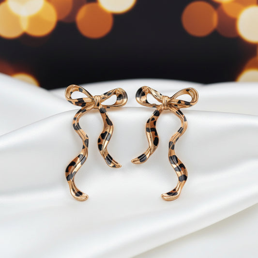 Leopard Print Ribbon Bow Earrings