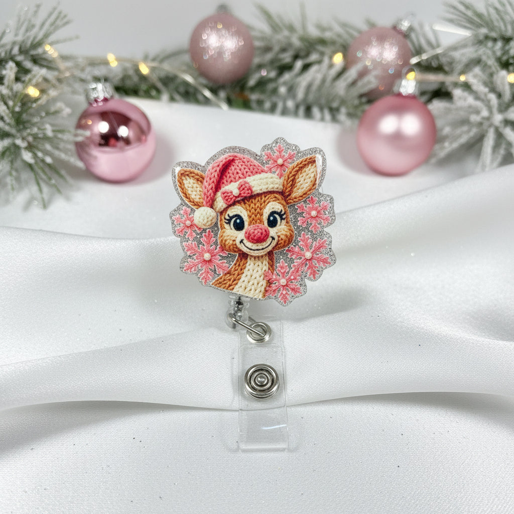Pink Reindeer Christmas Badge Reel