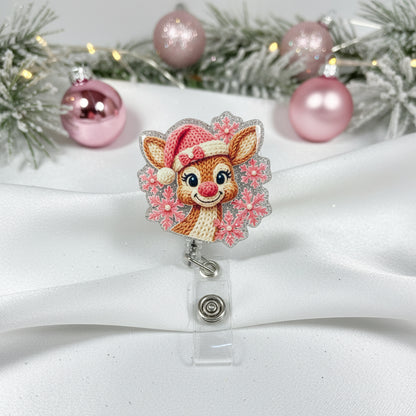 Pink Reindeer Christmas Badge Reel