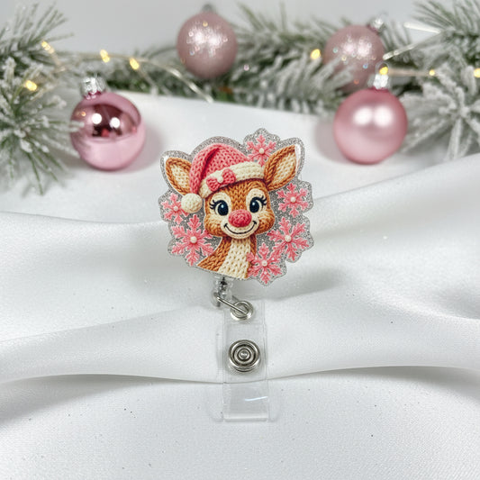 Pink Reindeer Christmas Badge Reel