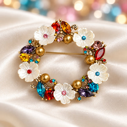 Jeweled Pearl Flower Wreath Pin