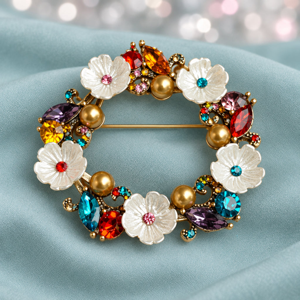 Jeweled Pearl Flower Wreath Pin