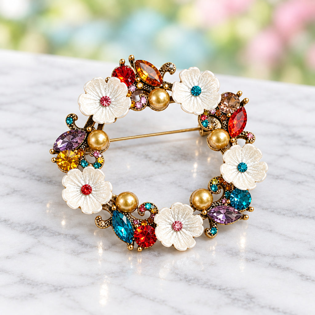 Jeweled Pearl Flower Wreath Pin