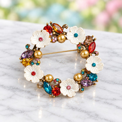 Jeweled Pearl Flower Wreath Pin