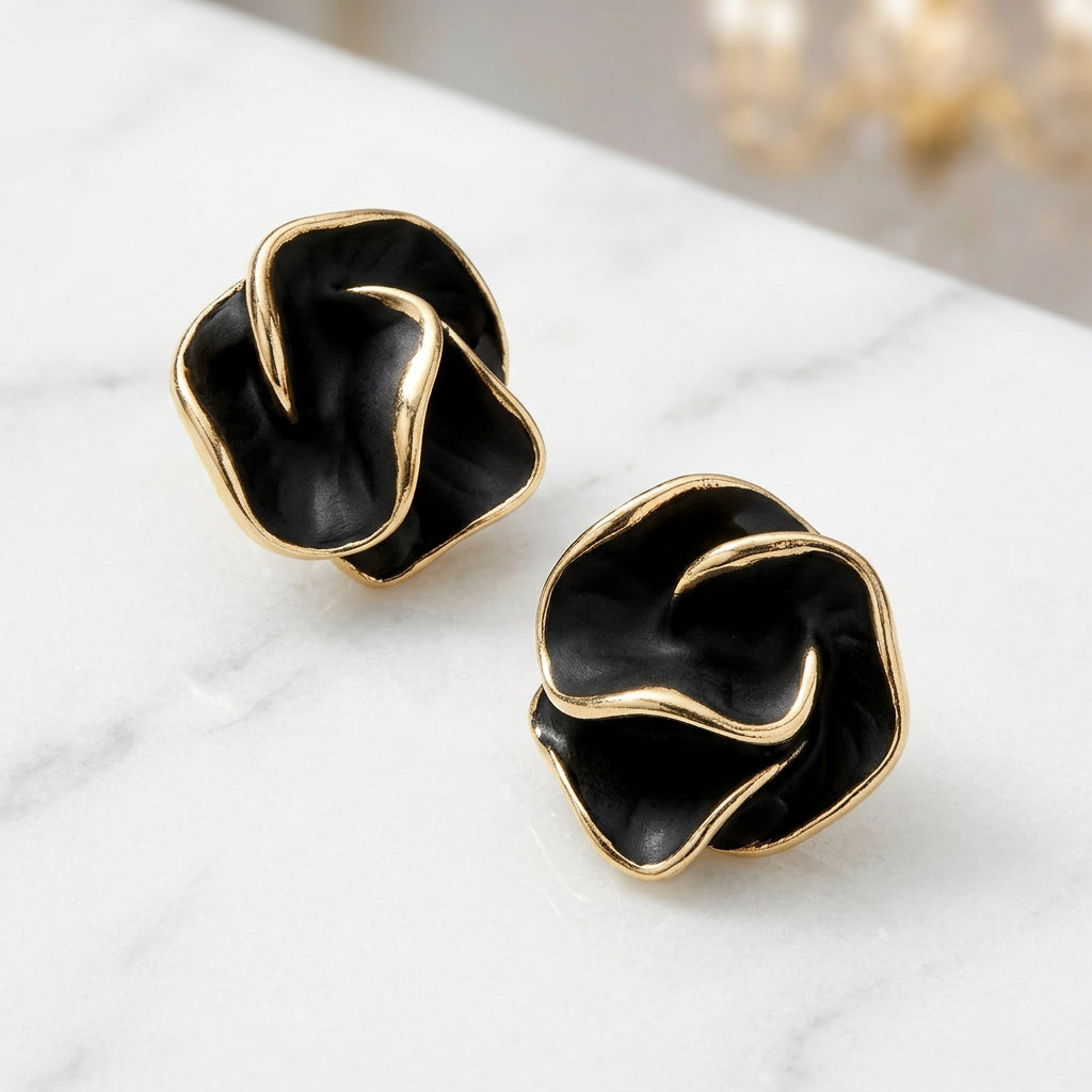Golden Edge Black Flower Earrings