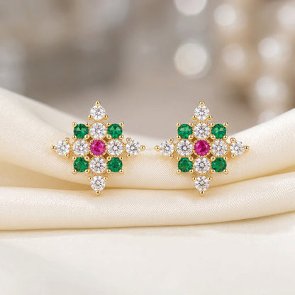 Pink & Green Crystal Starburst Earrings