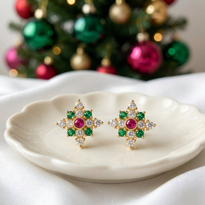 Pink & Green Crystal Starburst Earrings