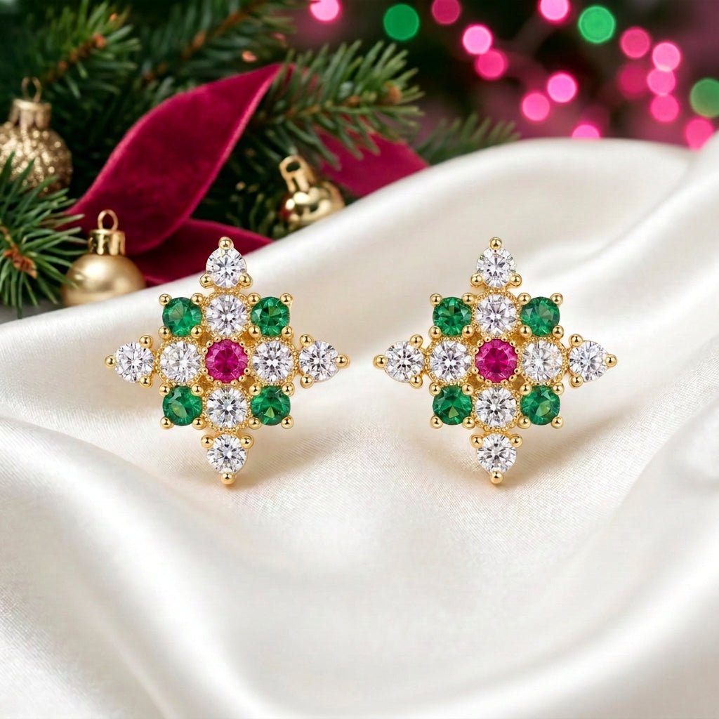 Pink & Green Crystal Starburst Earrings