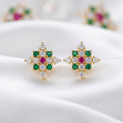Pink & Green Crystal Starburst Earrings