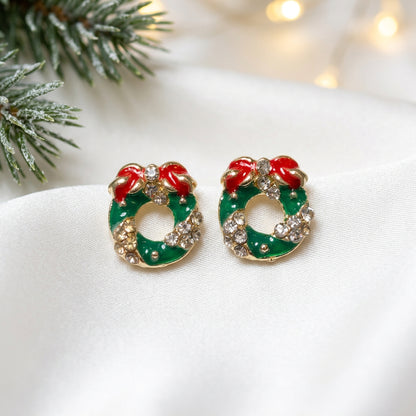Red Bow Christmas Wreath Earrings
