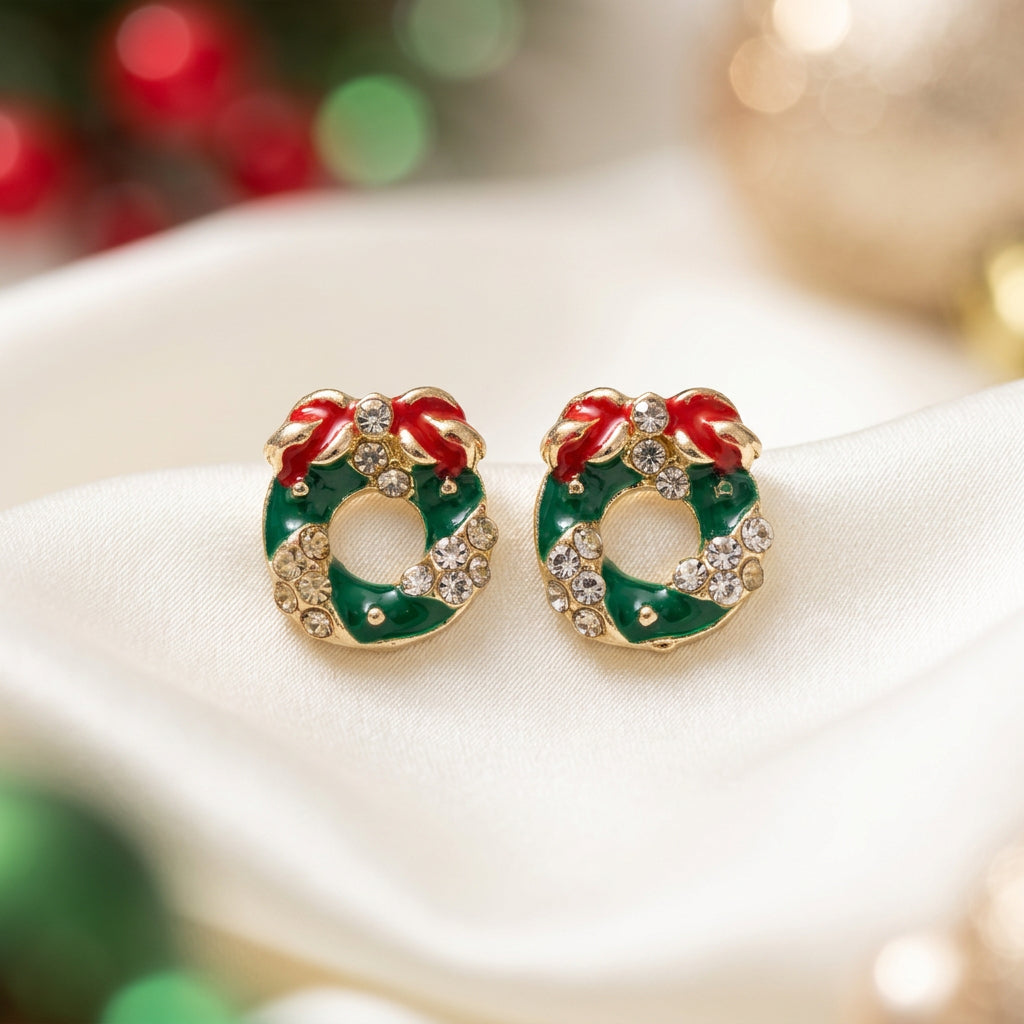 Red Bow Christmas Wreath Earrings