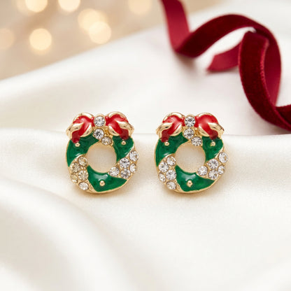 Red Bow Christmas Wreath Earrings