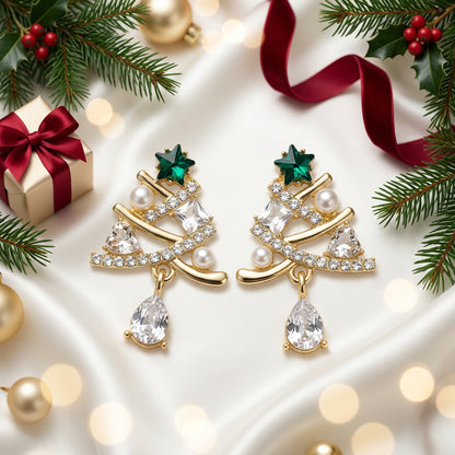 Gold Ribbon Christmas Tree Drop Earrings