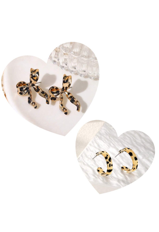 Leopard Print Bow and Hoop Earrings Bundle