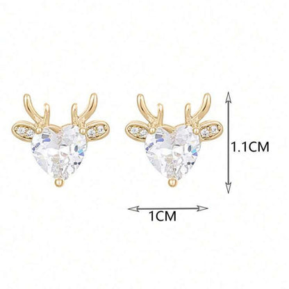 Gold Reindeer Zircon Heart Earrings with measurements on a white background
