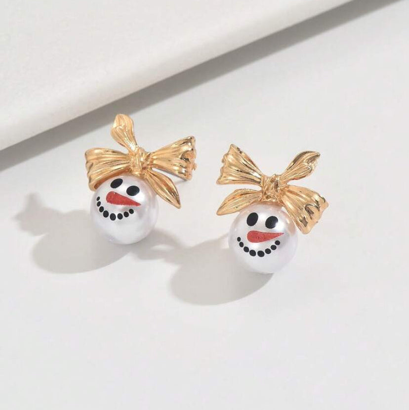 Golden Bow Snowman Earrings on white background