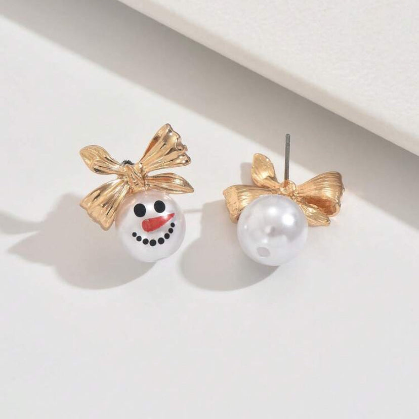 Golden Bow Snowman Earrings on white background