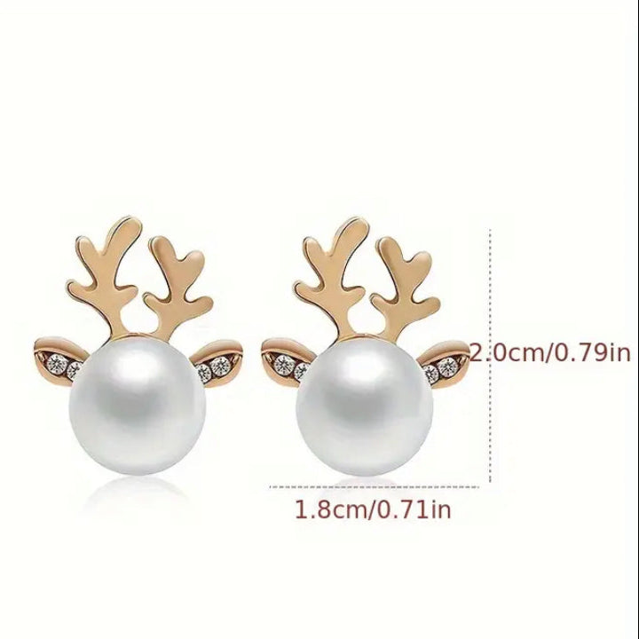 Snow Pearl Reindeer Earrings with pearl centers on a white background with dimensions