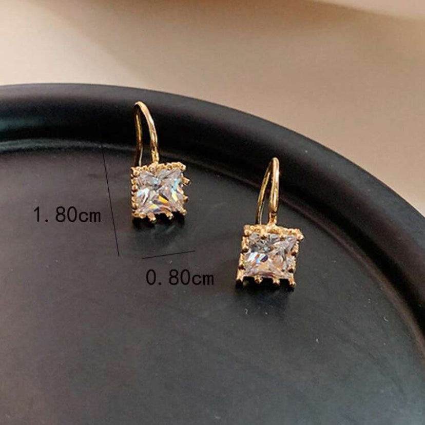Classic Square Zircon Drop Earrings on a black surface with measurements.