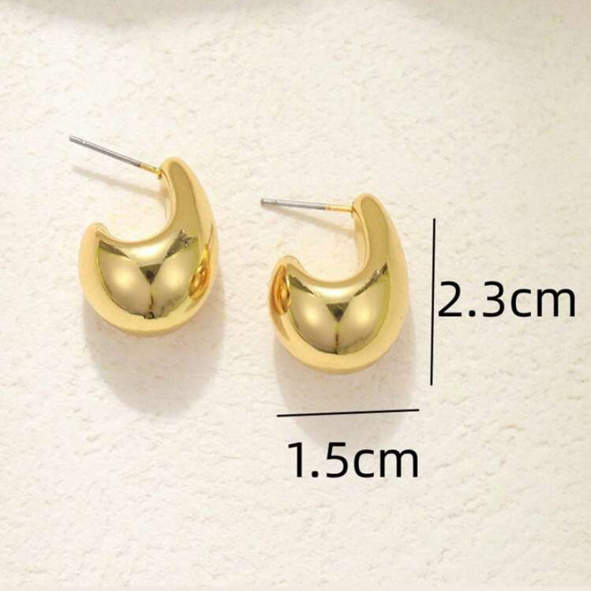Gold Teardrop Hoop Earrings on a white background with measurements indicated.