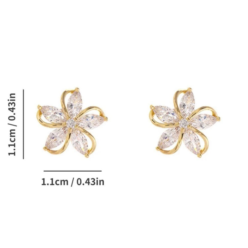 Gold Crystal Flower Earrings with clear stones on a white background, showing measurements.