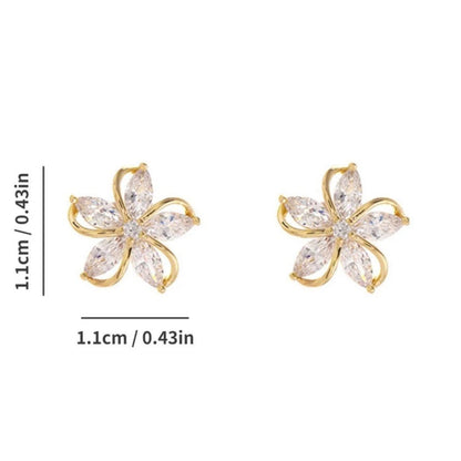 Gold Crystal Flower Earrings with clear stones on a white background, showing measurements.